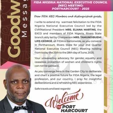 FIDA NIGERIA NEC MEETING: OKEY OHAGBA SENDS FELICITATION, WELCOMES FIDAns TO PORT HARCOURT
