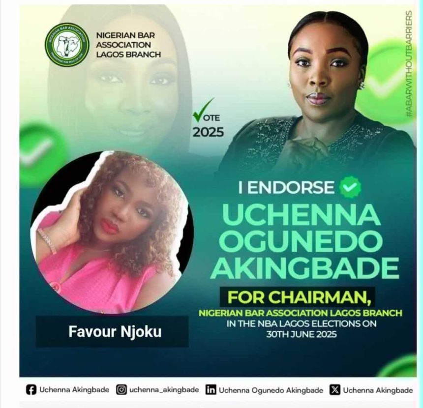 NBA LAGOS CHAIRMAN: FAVOUR NJOKU ENDORSES UCHENNA OGUNEDO AKINGBADE FOR CONTINUITY, IMPACT