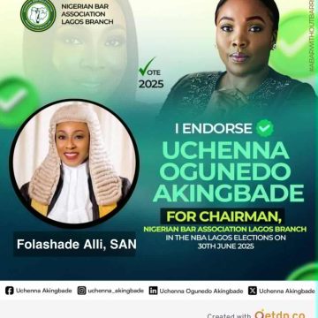 FOLASHADE ALLI, SAN ENDORSES UCHENNA OGUNEDO AKINGBADE AS CHAIRMAN, NBA LAGOS BRANCH
