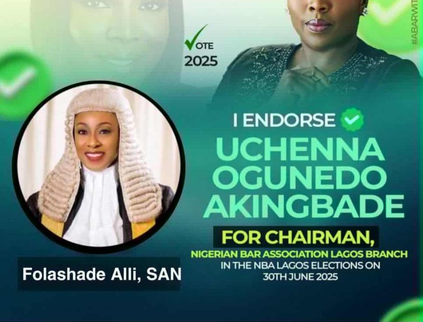 UCHENNA-ALLI-SAN FOLASHADE ALLI, SAN ENDORSES UCHENNA OGUNEDO AKINGBADE AS CHAIRMAN, NBA LAGOS BRANCH