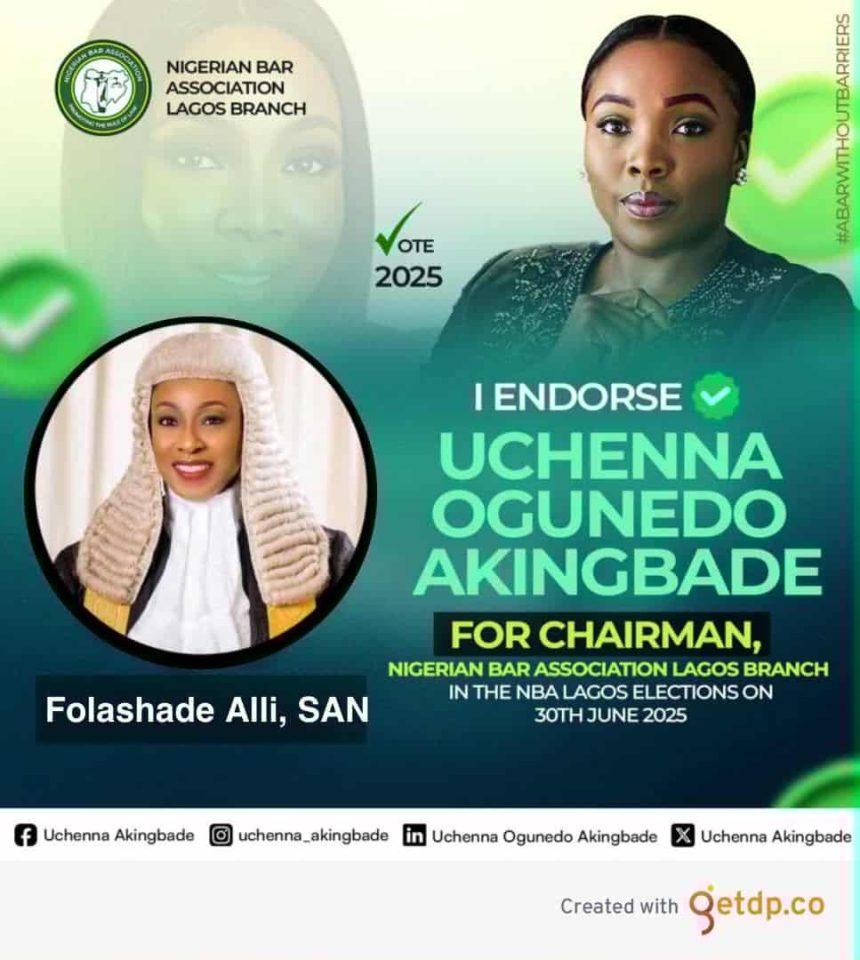 FOLASHADE ALLI, SAN ENDORSES UCHENNA OGUNEDO AKINGBADE AS CHAIRMAN, NBA LAGOS BRANCH
