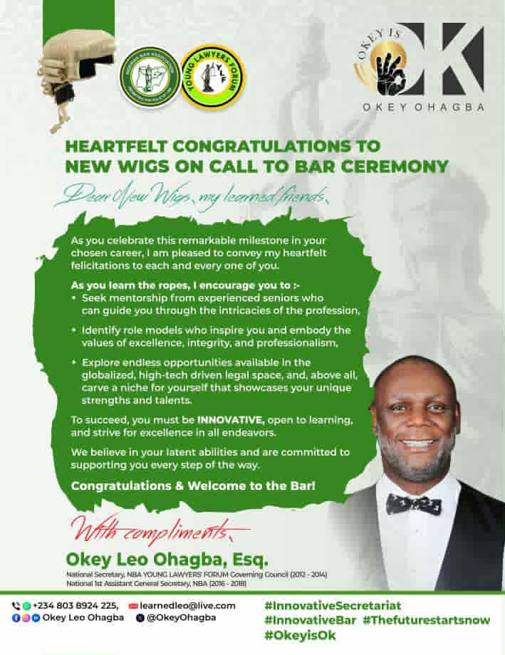 OKEY1 OKEY OHAGBA LAUDS NEW WIGS ON CALL TO BAR
