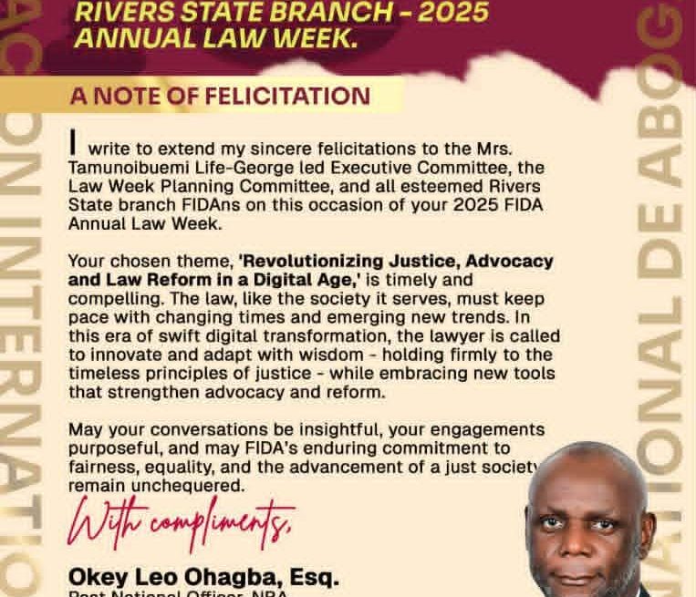 FIDA-RIVERS OKEY OHAGBA LAUDS RIVERS FIDA ON LAW WEEK
