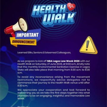 HEALTH WALK: NBA LAGOS URGES DELEGATES TO OBSERVE ENVIRONMENTAL SANITATION RESTRICTION