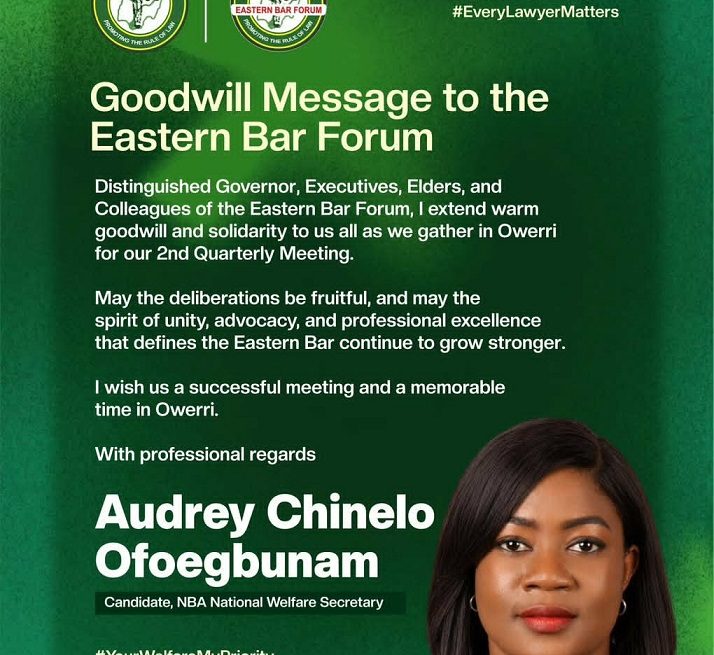 GOODWILL-COV AUDREY CHINELO OFOEGBUNAM SENDS GOODWILL MESSAGE TO EASTERN BAR FORUM DELEGATES