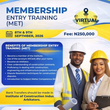 INSTITUTE OF CONSTRUCTION INDUSTRY ARBITRATORS (ICIARB) HOLD MEMBERSHIP ENTRY TRAINING SEPT. 8-9