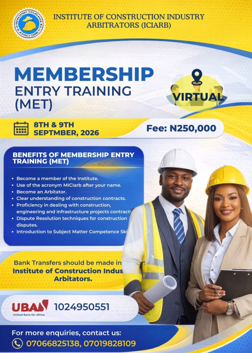INSTITUTE OF CONSTRUCTION INDUSTRY ARBITRATORS (ICIARB) HOLD MEMBERSHIP ENTRY TRAINING SEPT. 8-9