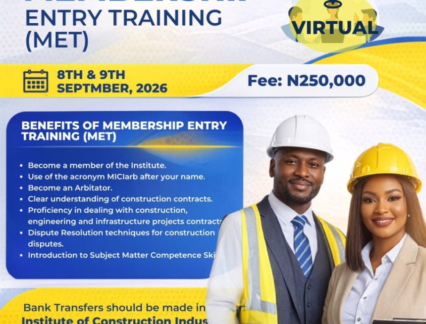 INSTITUTE OF CONSTRUCTION INDUSTRY ARBITRATORS (ICIARB) HOLD MEMBERSHIP ENTRY TRAINING SEPT. 8-9