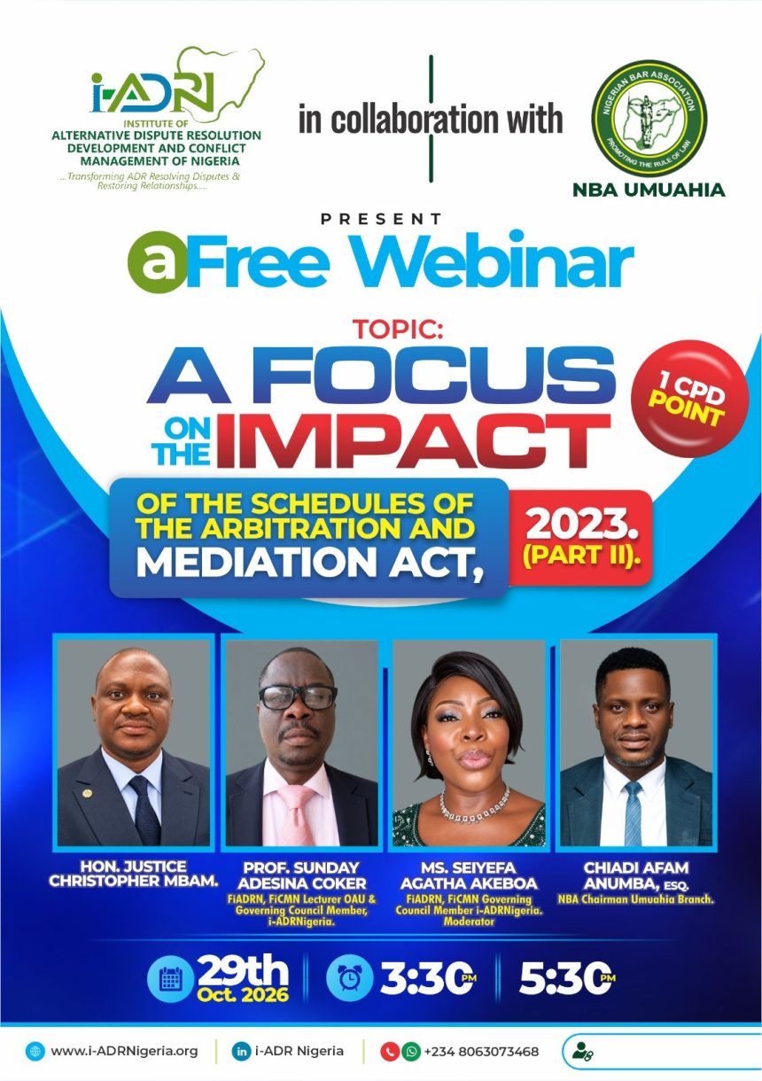NBA UMUAHIA, iADRNIGERIA HOST FREE WEBINAR ON ARBITRATION ACT THURSDAY