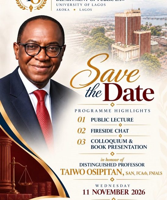 UNILAG LAW FACULTY TO HONOUR TOP SCHOLAR PROF. OSIPITAN NOV. 11 AFTER 40 YEARS SERVICE
