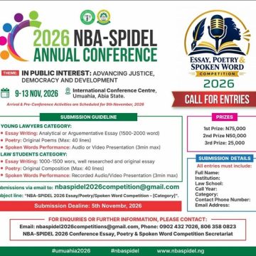 NBA-SPIDEL UNVEILS ANNUAL CONFERENCE COMPETITION, PRIZES FOR YOUNG LAWYERS, STUDENTS